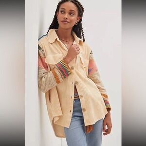 Pilcro Butter yellow easygoing Button down corduroy Shirt knit sleeves back XS